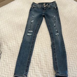 True Religion Halle Mid Rise Super Skinny Distressed/Destroyed Jeans: Size 25